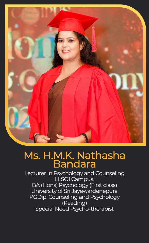 Ms. H.M.K. Nathasha
Bandara
Lecturer In Psychology and Counseling
LLSOI Campus.
BA (Hons) Psychology (First class)
University of Sri Jayewardenepura
PGDip. Counseling and Psychology
(Reading)
Special Need Psycho-therapist